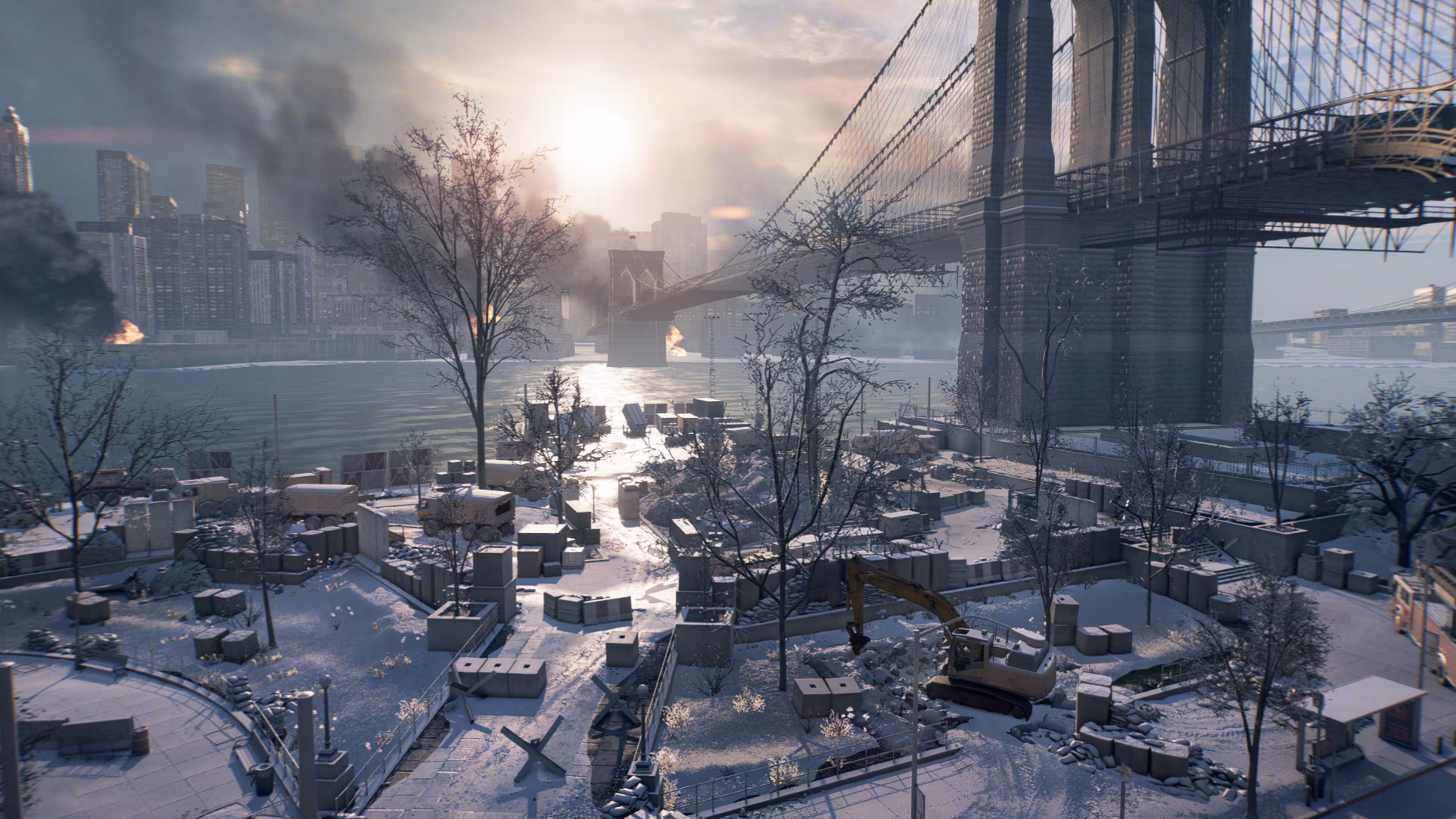 A destroyed suspension bridge in a snow covered cityscape. Smoke and fire rise from buildings across the river.