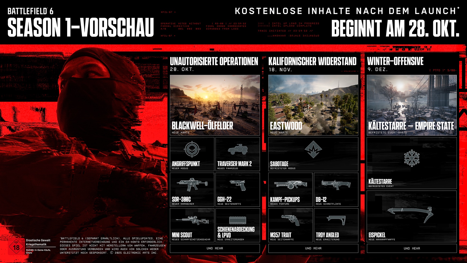 Liste mit den kostenlosen Inhalten nach dem Start, die ab 28. Oktober verfügbar sind, einschließlich Karten und Waffen